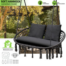 2-Seat Hammock Swing Chair Macrame Hanging Rope 700 lbs 3-Cushion Seat w/Tassels