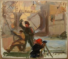 Ukrainian Soviet oil Painting industrial impressionism factory workman builder