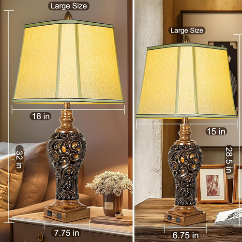 32'' Tall Rustic Vintage Table Lamps Set of 2 with Night Lights - Bedside Lamp w - Picture 4 of 6
