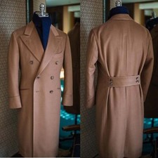 Cashmere Men Long Coat Double Breasted Vintage Jacket with Belt Winter Overcoat