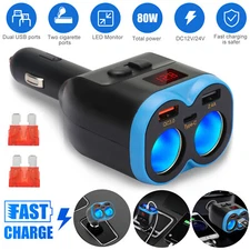 2 Way Car Cigarette Lighter Socket Splitter Dual USB QC3.0 Charger Power Adapter