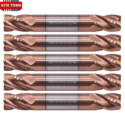 5Pcs 4Flute 3/8''x9/16''x2-1/2'' Solid Carbide End Mill - Double End - TiSiN Coated