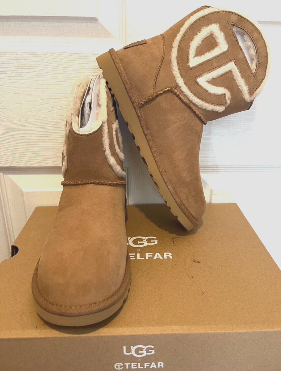 NIB UGG X TELFAR LOGO MINI CHESTNUT SHEEPSKIN BOOTS SIZE US NIB UGG X TELFAR LOGO MINI CHESTNUT SHEEPSKIN BOOTS SIZE US