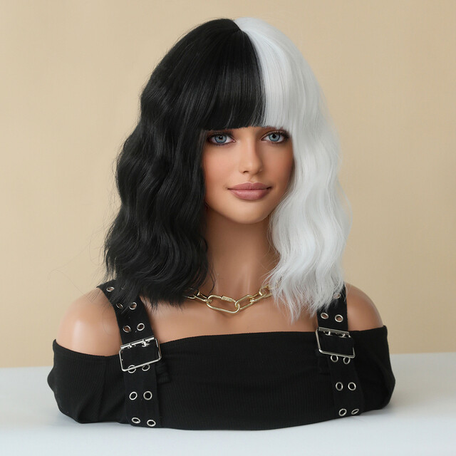 Beauty Half Black Half White Short Wave Costume Cosplay Wig Party