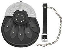 SCOTTISH FULL DRESS SPORRAN BLACK STUDDED LEATHER BRASS CHROME CANTLE