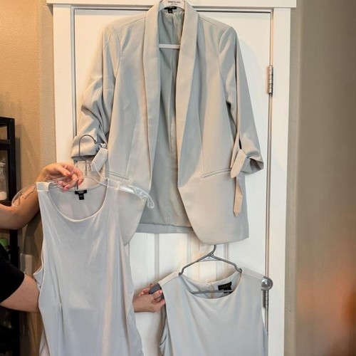 Mixed Brands Women’s 3-Piece Gray Blazer Blouse Bodysuit Set M/L Open Front