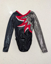 LONG SLEEVE GK Elite Gymnastics Leotard Large Child Gunmetal Red Silver MYSTIQUE