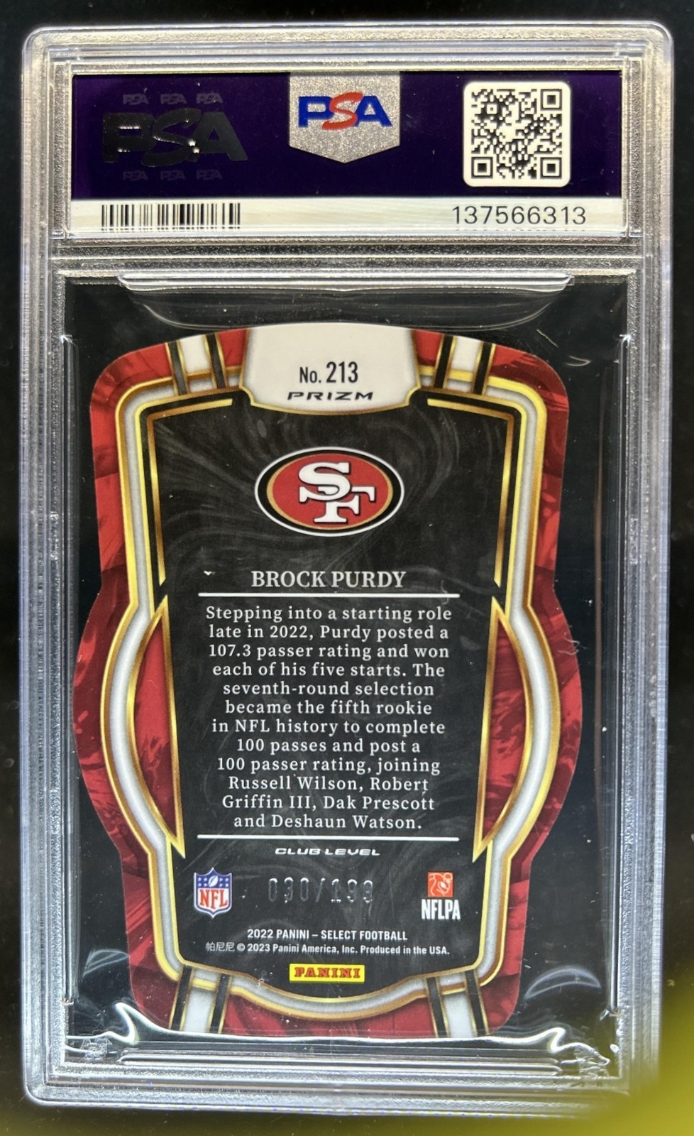 2022 Panini Select Brock Purdy RC Orange Prizm Die Cut Club #/199 49ers PSA 10 view 2