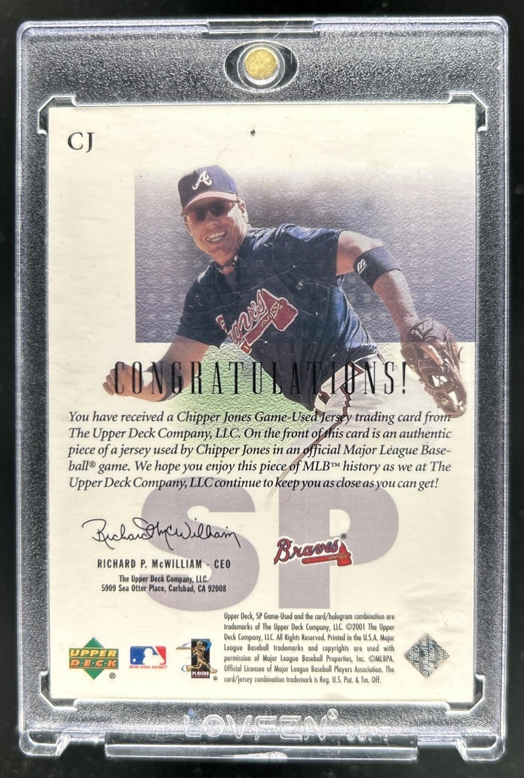 2001 SP Game Used Edition Chipper Jones Authentic Fabric Jersey #CJ Braves view 2