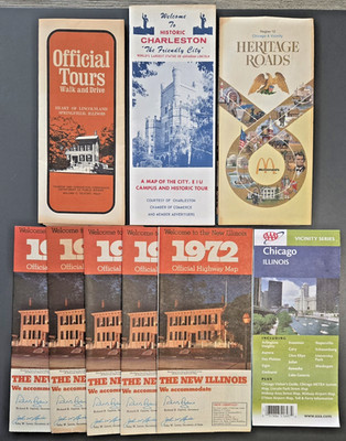 Lot of 9 Vintage ILLINOIS ROAD MAPS 1970-76 & 2004-Chicago Springfield & Charles