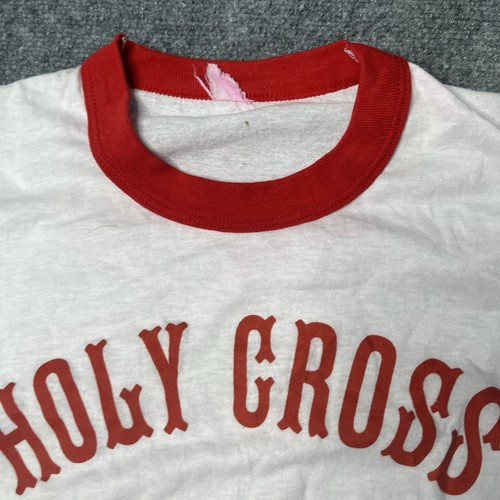Vintage 80s 90s Holy Cross Ringer T-Shirt Size S M White Red Jesus Church Grail - Picture 2 of 15
