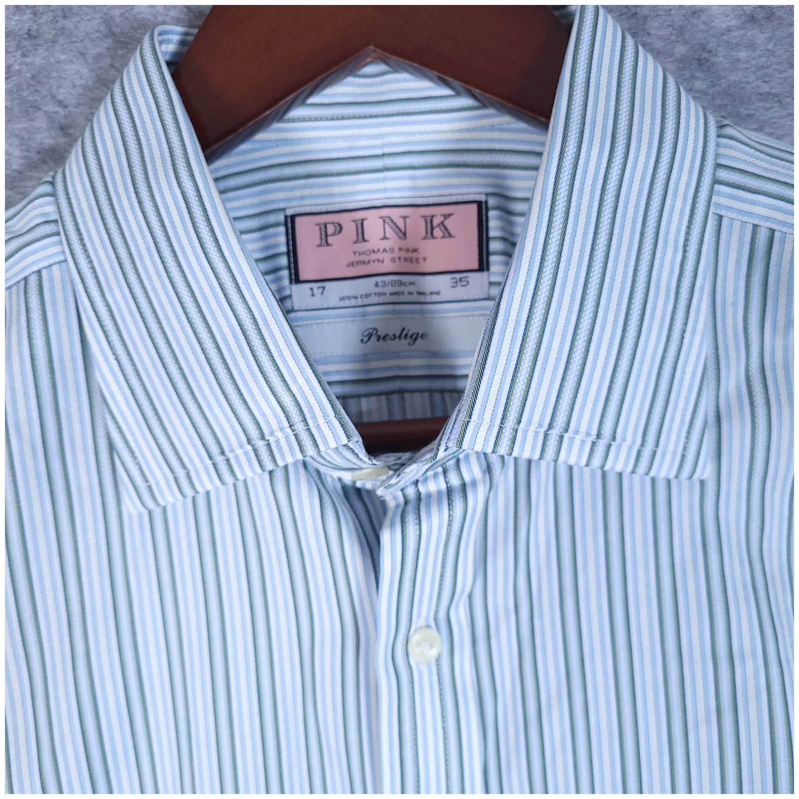 Thomas Pink Prestige 100% Cotton French Cuff Dress Shirt 17/35 Blue Green Stripe