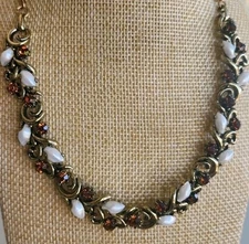 GORGEOUS VINTAGE LISNER NECKLACE W/ GLOWING AMBER & FAUX PEARLS VINTAGE