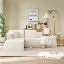 Modern L-Shaped Corduroy Sofa - Beige, High Back, 3-Seater, Free Shipping