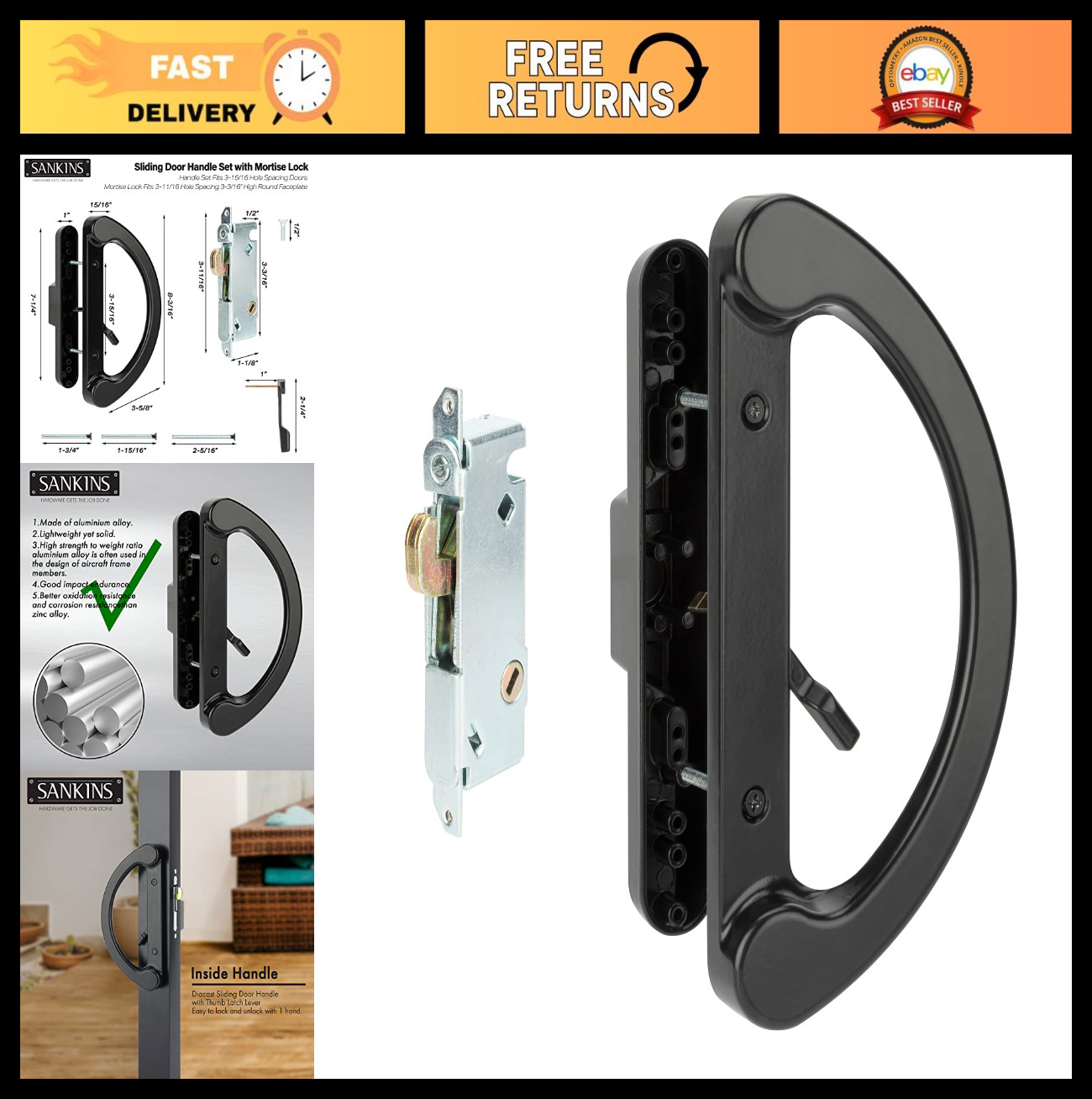 Sliding Patio Door Handle Pull Set with Mortise Lock - Black Diecast, Non-Keyed,