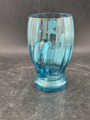 Vaso antiguo azul claro Mary Gregory vidrio pintado a mano borde dorado acanalado - Imagen 5 de 11