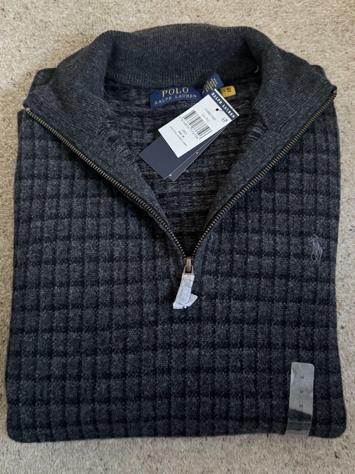 New Polo Ralph Lauren Grey Wool Quarter Zip Jumper, Medium