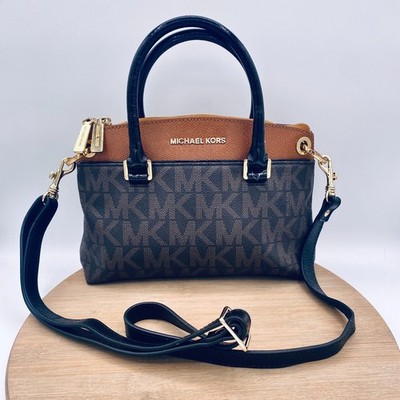 Michael Kors Aubry Tote Small Brown Leather Signature MK Logo Messenger Purse