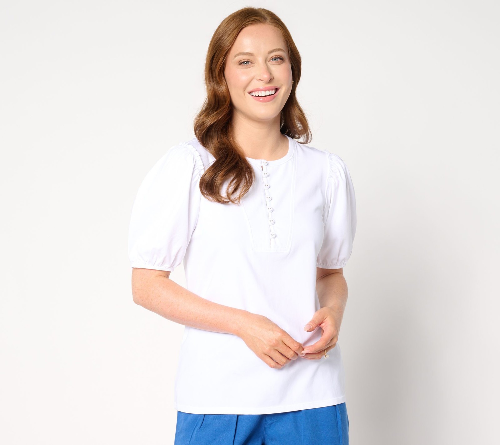 Anybody Women's Top Sz S Puff Sleeve Knit Henley White A647604