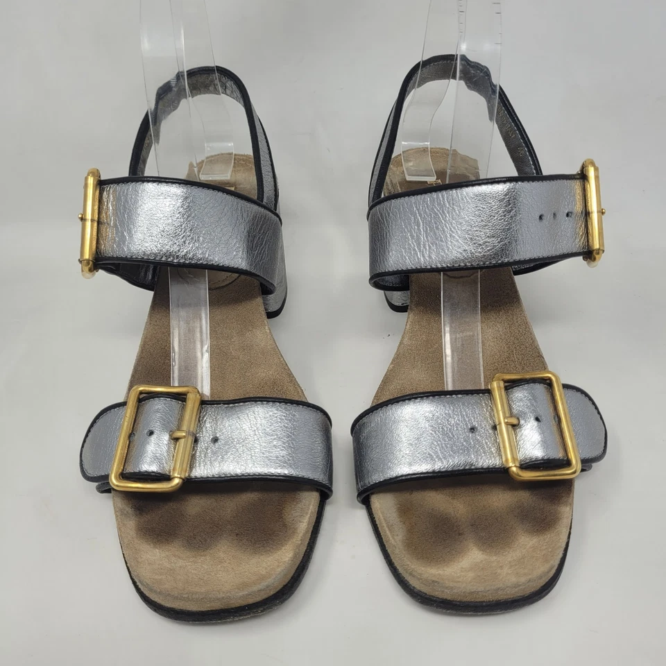 Prada Sandals IT40 US10 Silver Metallic Leather Block Heel Slingback Gold Buckle - Image 4 of 4