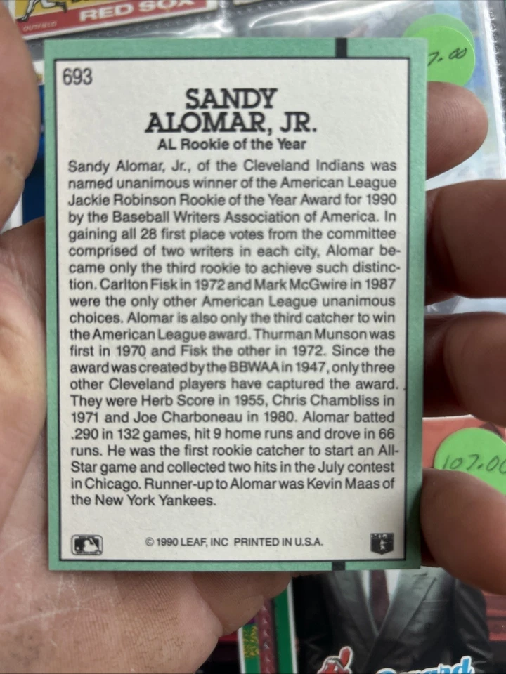 1991 Donruss #693 Сэнди Аломар младший Карта дебютанта года БЕЗ ОШИБКИ ТОЧКИ почти как новая/как новая - Изображение 2 из 2