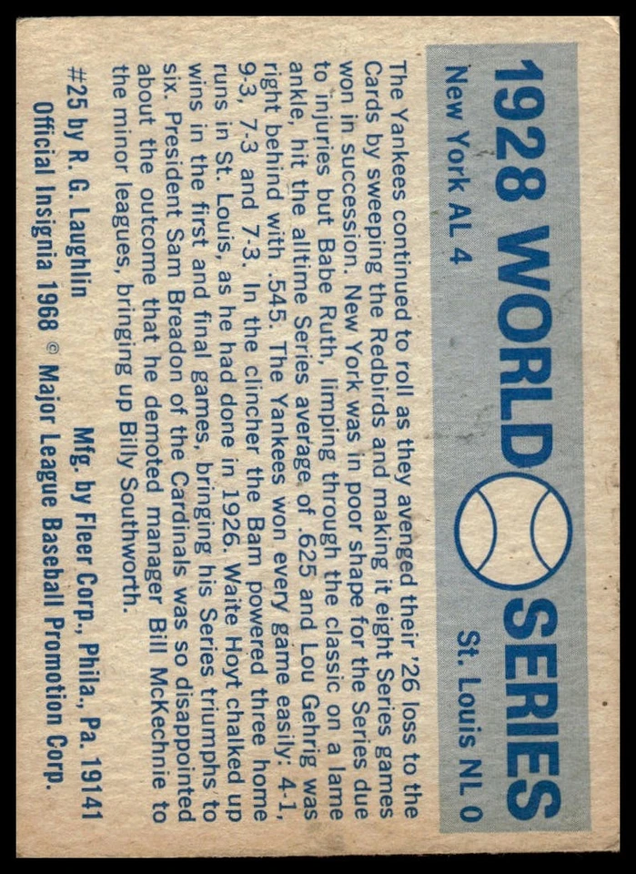 1970 Fleer World Series #25 1928 Yankees - Babe Ruth / Lou Gehrig - Image 2 of 2