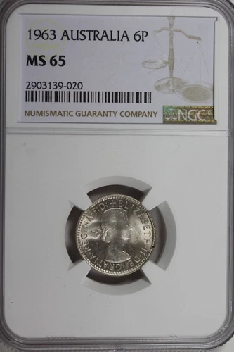 1963 Australia 6 Pence : NGC MS65  Blazing White