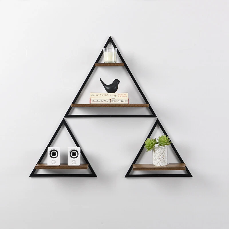Black Set of 3 Triangle Floating Shelves MDF Wall Mounted Shelf Metal wire-0483
