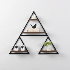 Black Set of 3 Triangle Floating Shelves MDF Wall Mounted Shelf Metal wire-0483