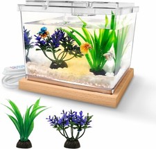Mini Fish Tank Kit with LED Light Base, 0.2 Gallon Tank with Artificial Plants
