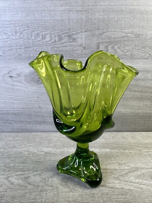 Viking Glass Epic Green 3 Toe Drape Handkerchief Vase Compote Art 1970's