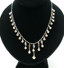 Silver Toned Beaded Necklace Fringe Faux Pearl Statement Bib 19"