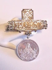 VINTAGE ANTIQUE HNS HOLY NAME SOCIETY CATHOLIC RELIGIOUS PIN MEDALLION F KOCH