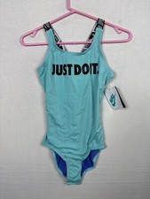 Nike One-Piece Swimsuit Girls MEDIUM Aqua Graphic Just Do It Print Crossback