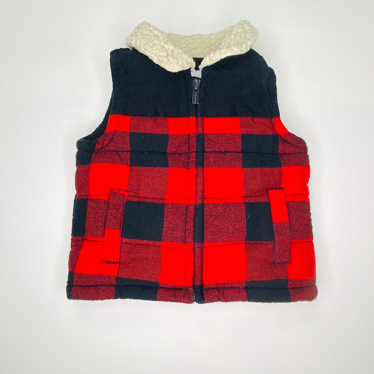 Old Navy Baby Boys Red Black Buffalo Plaid Fleece Collar Vest