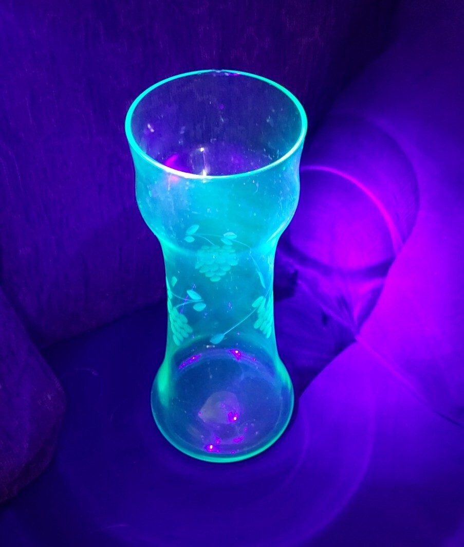 Hand Blown URANIUM Glass With Etched Grapes 6" Wine Decanter Vase eBay