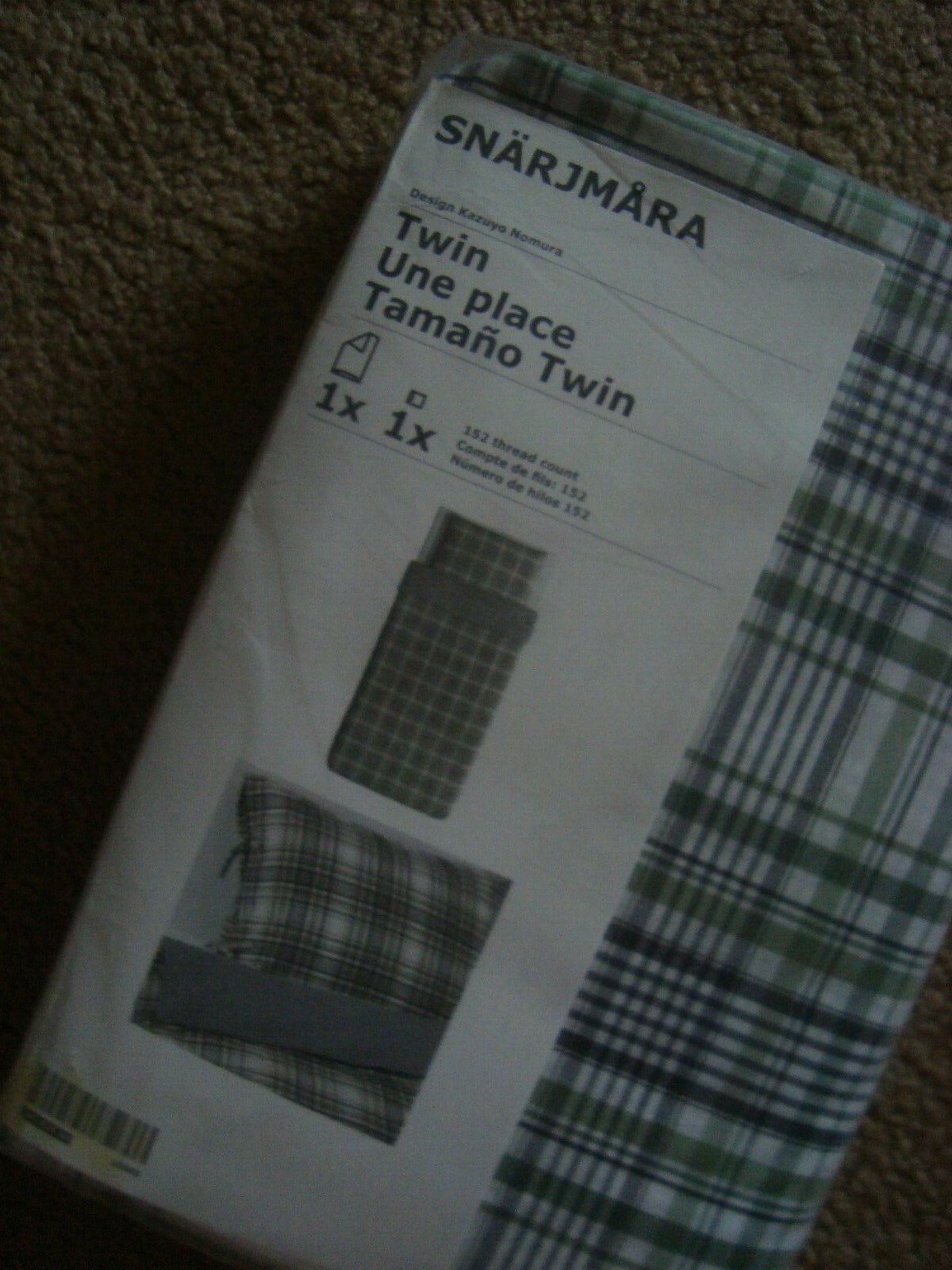 IKEA Twin Duvet Cover 3pc Set Green Check Plaid Reversible SNARJMARA