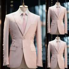 Pink Men's Suits 2 Pcs with Flower Wedding Groom Party Prom Tuxedos Men Blazer