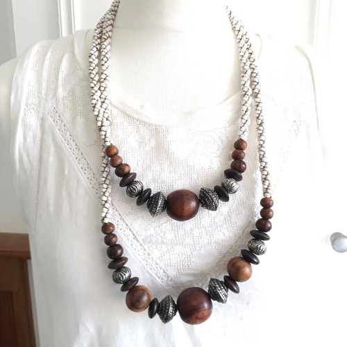 Vintage Chunky Statement wooden bead white porcelain Long Layering Necklace - Picture 6 of 8