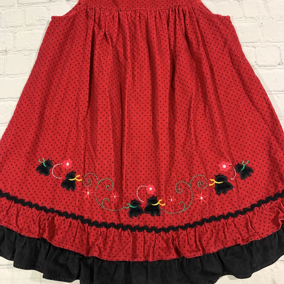 Red Black Dress Jumper Size 6X Retro Polka Dot Ruffle Applique Dogs - Image 3 of 4