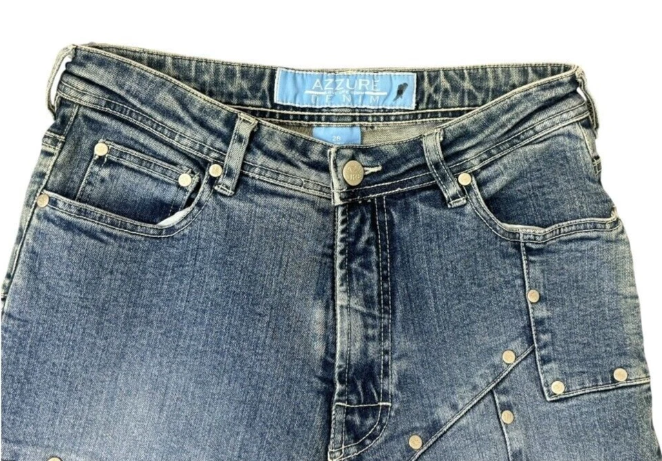 Pantalones de mezclilla azules de pierna recta con retazos tachonados Y2K AZZURE 29 Foto 2 de 4