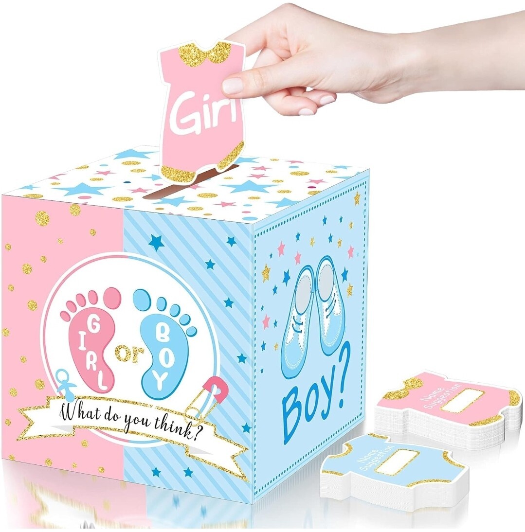 Baby Gender Reveal Voting Box with 50 Pieces Ballot Cards (Pink, Blue)