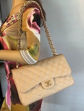 100% AUTHENTIC CHANEL Classic beige Caviar Jumbo double Flap Bag