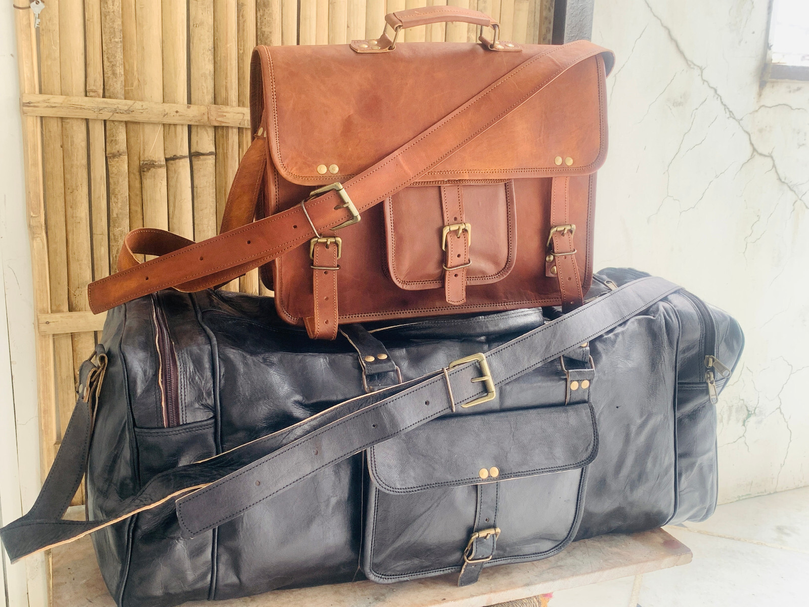 Cuero Antiguo Equipaje Bolso Viaje Deporte Compartimentos Gratis Marrón Portátil