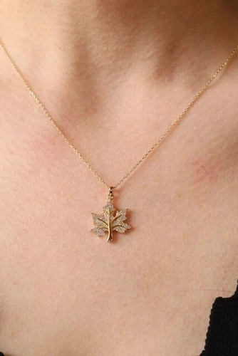 1.00Ct Round Cut Real Moissanite Maple leaf Pendant 14k Yellow Gold Plated - Picture 3 of 6