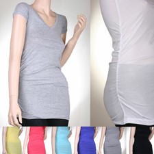 Women's Basic V-NECK Side Shirring Short Sleeve Cotton T-shirt Stretch 8576