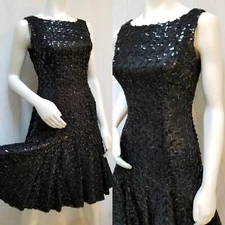 AMAZING Vintage Black Sequin Drop Waist Fit N Flare  Dress with Petticoat - Sz M