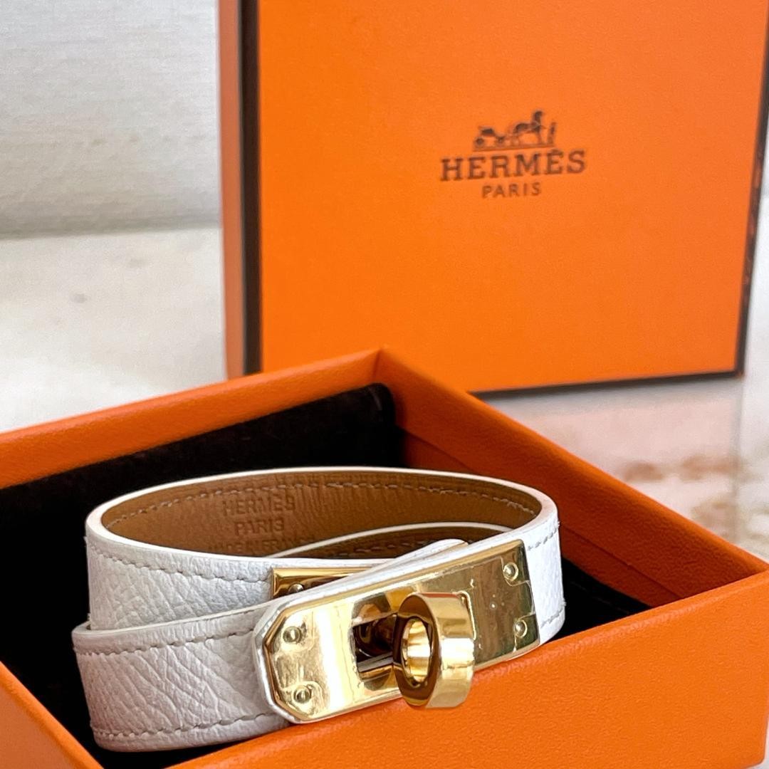 Hermes Kelly Leather Bracelet White Brown Gold Acc Excellent Pre-Owned No Box