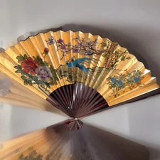 Chinese Wall Fan Large 60” Top Rim 24” Side Hand Painted Birds Cherry Tree Gold