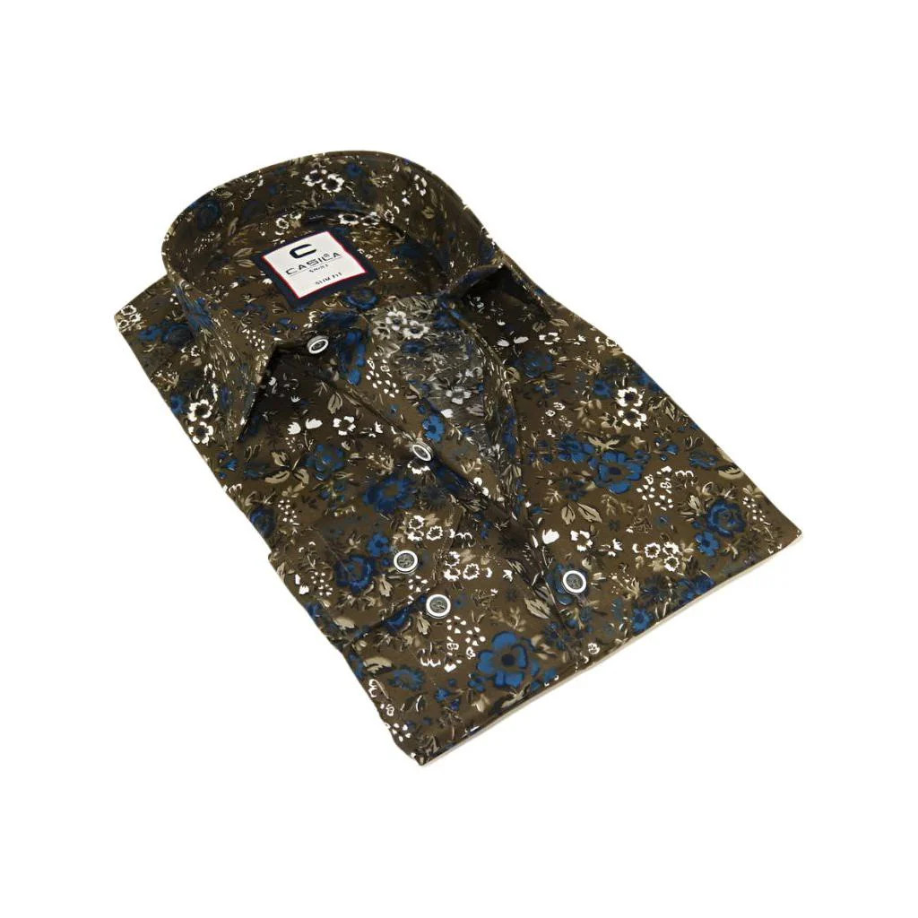 Mens Shirt By CASILA Turkey Cotton Blend Long Sleeves 501660-02 Olive Floral 9390₽
